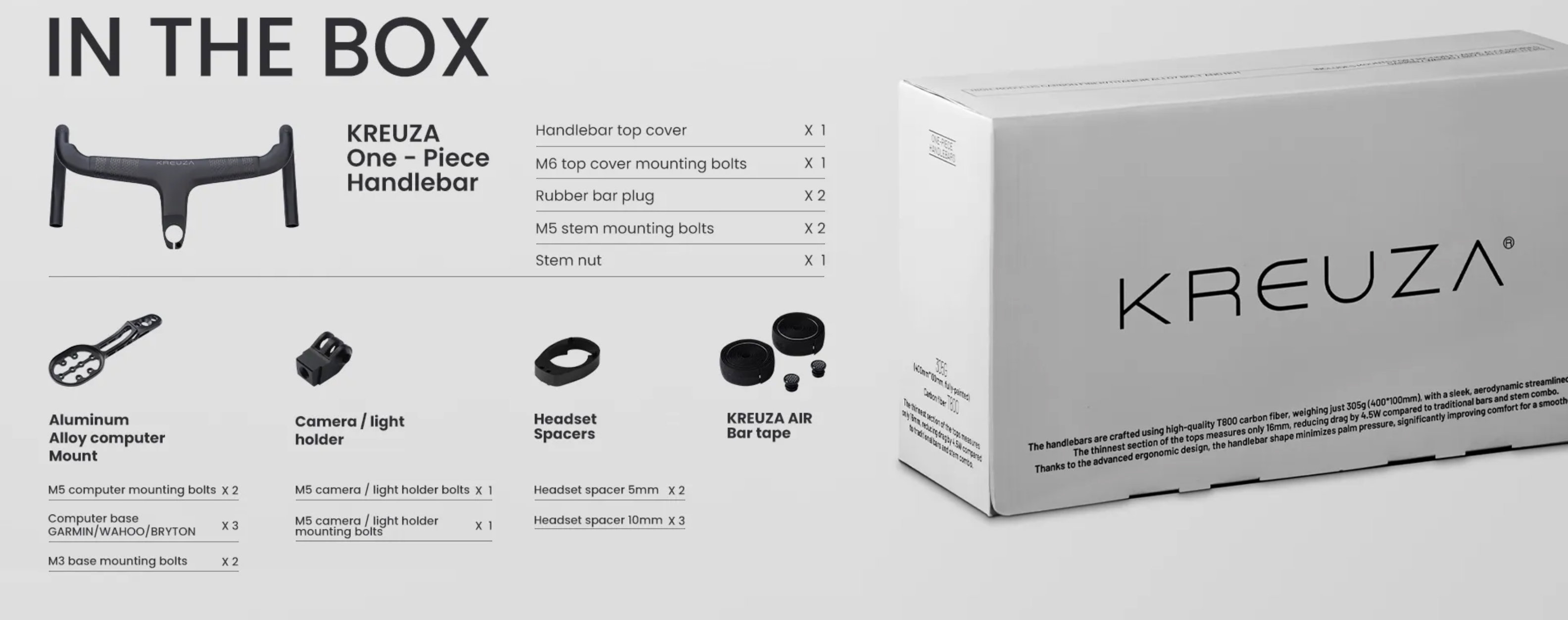 Kreuza bicycle handlebar packaging with components listed on a white background