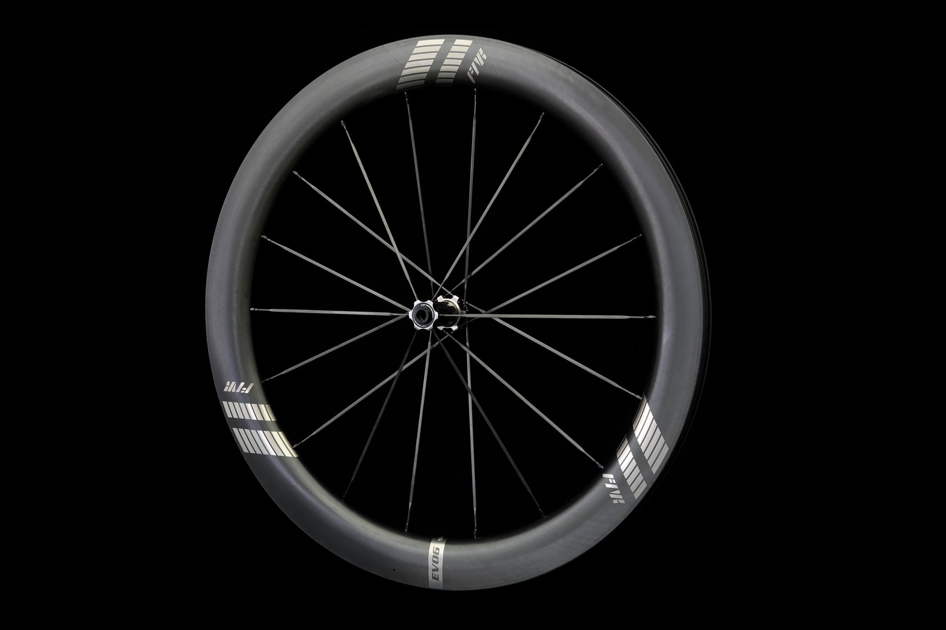 Farsport Bicycle carbon wheel with a black background and white decal
